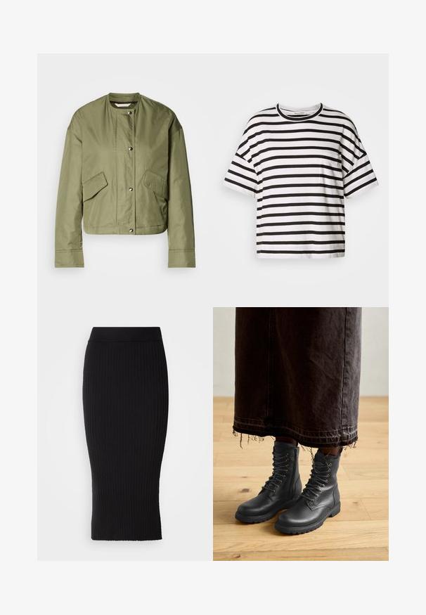 Oliven grønn cropped jakke i letvægtigt stof med rund hals, trykknapper og to sidelommer med diagonale åbninger.; Stribet sort og hvid T-shirt, korte ærmer, rund Halsudskæring, med en lille lomme på venstre side, lavet af blødt bomuldsstof.; Sort ribstrikket blyantskirt med elastisk taljebånd, der har en kropsnær silhuet og lodrette ribdetaljer over det hele.; Sorte læder snørebåndstøvler med tekstureret overflade, midt på læggen, rundet tå og robust sål, parret med en mørk, frynset denimnederdel.