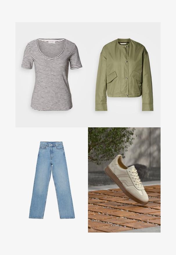 Oliven grønn cropped jakke i letvægtigt stof med rund hals, trykknapper og to sidelommer med diagonale åbninger.; Stribet kortærmet v-hals t-shirt i hvid med marineblå striber. Blødt stof, afslappet pasform og syninger langs halsudskæringen og ærmerne.; Lys blå denim jeans med høj talje, lige ben-design, der har fem lommer og en knaplukning. Ingen synlige mønstre.; Sneakers i cremefarve med en struktureret beige gummisål, snøredesign og diskret brand på siden. Overdel i glat læder.