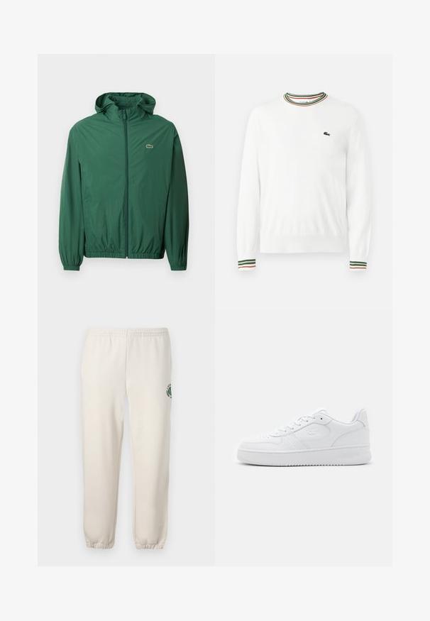 Groene lichtgewicht jas met een capuchon, ritssluiting, elastische manchetten en een elastische tailleband. Heeft een klein logo op de borst.; Witte trui met ronde hals, voorzien van groene, rode en oranje gestreepte accenten op de kraag en mouwen. Lacoste-logo op de borst.; Lichtbeige sweatpants van katoen, met een elastische tailleband, geribde boorden en een groen logo met een bladerenontwerp op het linkerpand.; Witte leren sneaker met geperforeerde neus, platte veters en gevoerde kraag. Voorzien van een geperst logo aan de zijkant en een getextureerde rubberen zool.