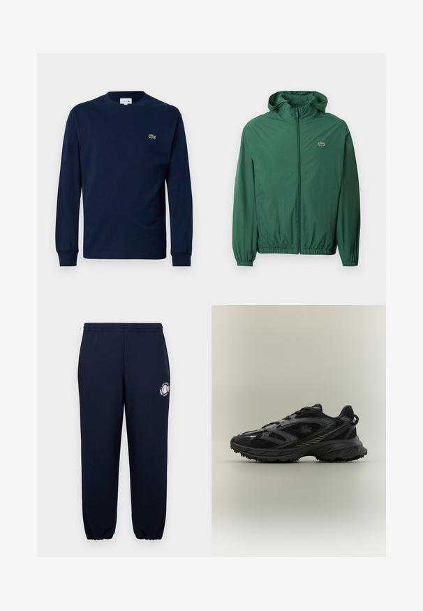 Groene lichtgewicht jas met een capuchon, ritssluiting, elastische manchetten en een elastische tailleband. Heeft een klein logo op de borst.; Marineblauw langemouwen t-shirt van katoen, met een ronde hals en een klein groen krokodil logo op de linkerborst.; Marineblauwe trainingsbroek van zacht katoen met elastische boorden en tailleband. Bevat een wit Lacoste Parijs-logo op het linkerpijp.; Zwarte sportieve schoen met meshpanelen, een gestructureerde zool, veters en een gebogen silhouet met zilveren accenten aan de zijkanten.