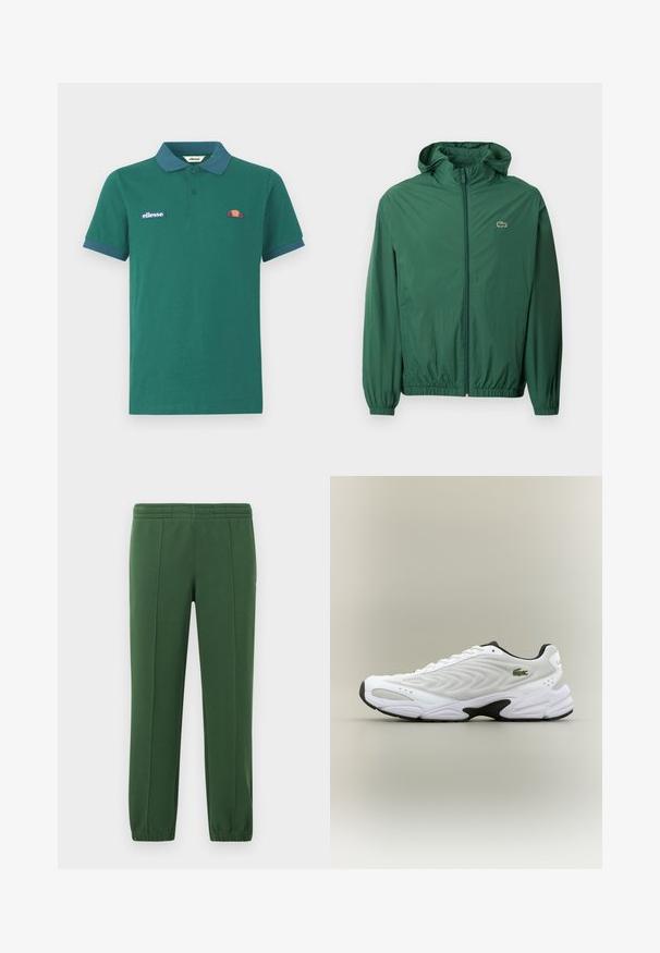 Grüne, leichte Jacke mit Kapuze, Reißverschluss, elastischen Bündchen und einem elastischen Taillenzug. Besitzt ein kleines Logo auf der Brust.; Grünes Polohemd aus Baumwolle mit einem kontrastierenden blauen Kragen und Bündchen. Verfügt über ein gesticktes Logo und ein kleines farbenfrohes Design auf der Brust.; Grüne Jogginghose aus weichem Material; mit Gummizugbund, schmal zulaufenden Beinen und einem kleinen Logo an der Seite.; Weißer Sportschuh mit strukturiertem Mesh-Obermaterial, geschwungenem Design und kontrastierender schwarzer Laufsohle. Mit grünem gesticktem Logo an der Seite.