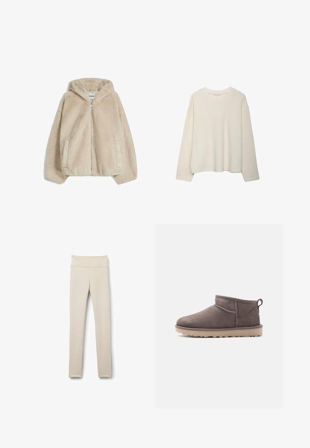 Faux fur beige hættetrøjejakke med lynlås forrest, sidelommer og en blød tekstur. Har en afslappet pasform og fastsyet hætte.; Krämfarvet langærmet crewneck sweater med en afslappet pasform og ribbet halsudskæring, vist på en hvid baggrund.; Beige leggings lavet af strækbart stof. Høj talje, tætsiddende pasform, med glat tekstur og uden synlige mønstre eller hardware.; Lav brun ruskindssko med lav ankelhøjde, slidstærk sål og træksnor på en ensartet baggrund.