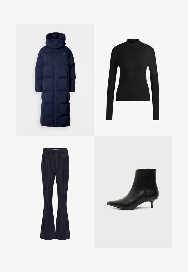 Navyblauwe lange pufferjas met een capuchon, met een doorgestikte design, een hoge kraag en zijzakken met rits. Zachte, gevoerde textuur.; Zwarte geribbelde langmouwen top met een hoge hals. Heeft een aansluitend silhouet en een subtiele logo-detail op de borst. Zachte textuur.; Marineblauwe krijtstreep flared broeken met twee voorkoektassen, op maat gemaakte ontwerp en een soepele, gestructureerde stof. Geaccentueerd met smalle blauwe strepen.; Zwart leren enkellaars met puntige neus en lage kittenhak op lichte achtergrond, zijaanzicht buitenkant.
