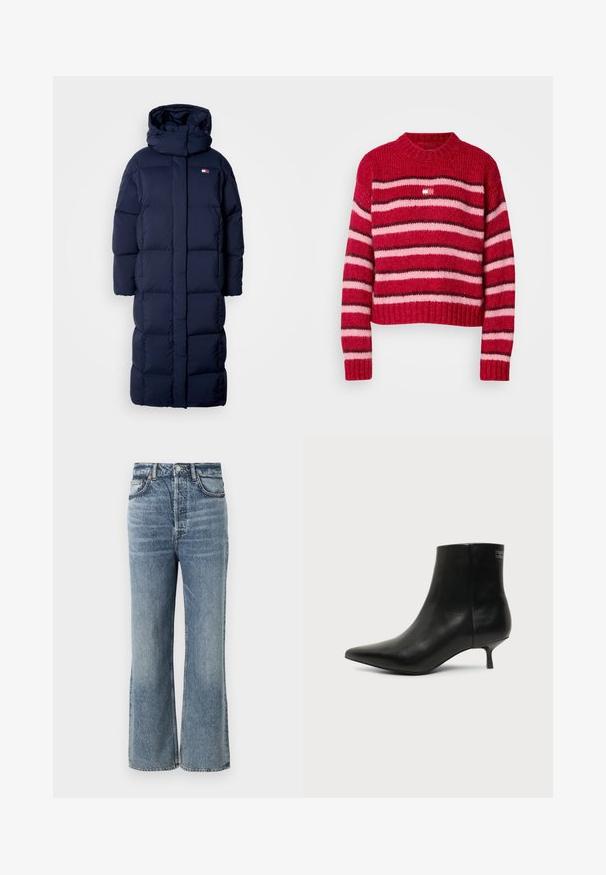 Mørkeblå lang pufferjakke med hætte, der har et quiltet design, høj krave og sidelommer med lynlås. Blød, polstret tekstur.; Rød og lyserød stribet sweater med ribbede manchetter og kant. Rund halsudskæring. Stoffet ser struktureret og hyggeligt ud. Lille mærke på forsiden.; Lysblå højtaljede jeans med bred benudskæring, afsluttet med subtilt falming, fem-lomme design og metalknap hardware.; Sort læder ankelstøvle med spids tå og lav kitten hæl på lys baggrund, der viser yderside.
