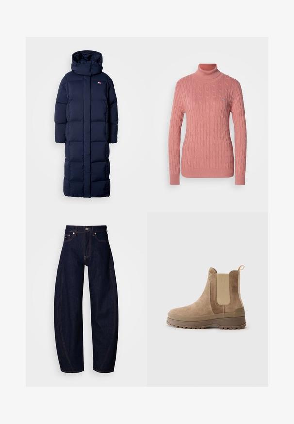 Manteau long bleu marine matelassé avec capuche, dotée d'un design matelassé, d'un col montant et de poches zippées sur les côtés. Texture douce et rembourrée.; Pull over rose à col roulé en tricot fantaisie, avec des manches longues, des bords côtelés aux poignets et à l'ourlet ; présente un petit logo sur la poitrine.; Jean en denim bleu foncé à coupe ample, avec une taille haute, des surpiqûres orange, un design classique à cinq poches et une fermeture à bouton.; Bottines Chelsea en daim marron avec des panneaux élastiques sur les côtés, une languette de tirage, une semelle en caoutchouc et une surface texturée, dotées d'un bout arrondi et d'une conception robuste.