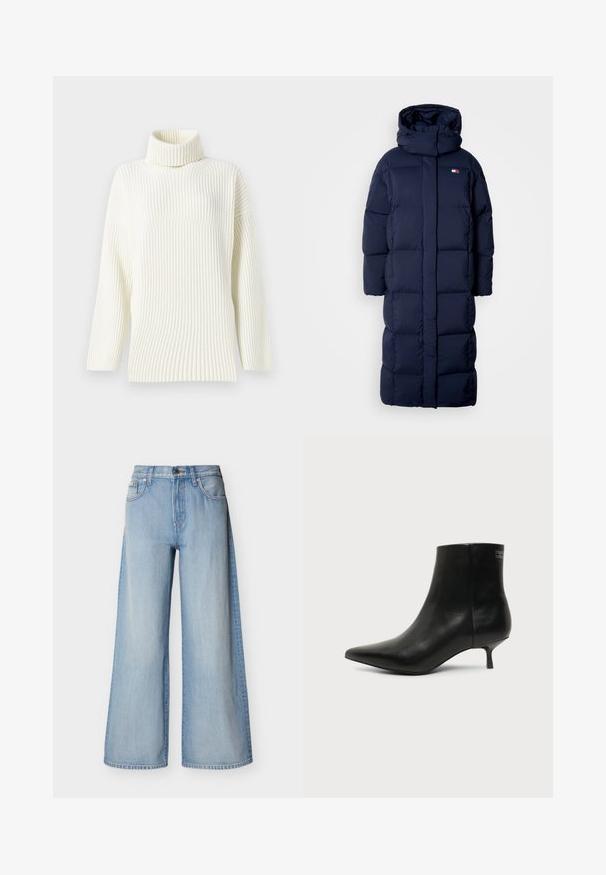 Navyblauwe lange pufferjas met een capuchon, met een doorgestikte design, een hoge kraag en zijzakken met rits. Zachte, gevoerde textuur.; Crème-kleurige geribbelde turtleneck trui met lange mouwen en een relaxte pasvorm. Zachte textuur en naadloos ontwerp verhogen het comfort.; Lichtblauwe wijde jeans van denimstof, met hoge taille en knoopsluiting, met klassieke vijfzakken en gestikte details.; Zwart leren enkellaars met puntige neus en lage kittenhak op lichte achtergrond, zijaanzicht buitenkant.