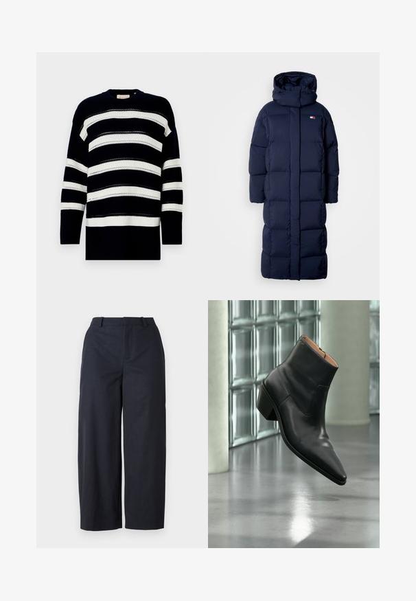 Mørkeblå lang pufferjakke med hætte, der har et quiltet design, høj krave og sidelommer med lynlås. Blød, polstret tekstur.; Navy og hvid stribet striktrøje med rund hals og struktureret mønster med åbent strik. Løs pasform med lange ærmer.; Marineblå vide bukser med en glat overflade, flad front og taljebånd. Fremstillet af letvægtsstof, der tilbyder en afslappet pasform.; Sort læderankelstøvle med spids tå og blokhæl, der svæver over en reflekterende grå gulv nær en væg af glasblokke.