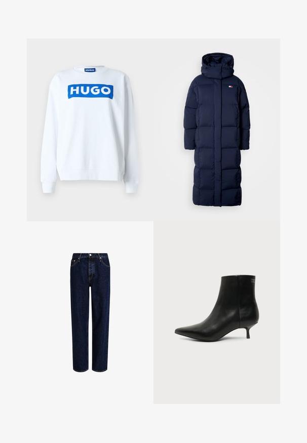 Dunkelblauer langer Puffermantel mit Kapuze, ausgestattet mit einer gesteppten Optik, einem hohen Kragen und seitlichen Reißverschlusstaschen. Weiche, gepolsterte Textur.; Weißer Sweatshirt aus Baumwollmischung mit einem blauen "HUGO"-Logo auf der Vorderseite, Rundhalsausschnitt und gerippten Bündchen und Saum.; Dunkelblaue Denim-Jeans mit geradem Bein, hoher Taille, fünf Taschen und kontrastierenden Nähten. Ohne Verzierungen.; Schwarzer Leder-Knöchel-Stiefel mit spitzer Spitze und niedrigem Kittenabsatz vor hellem Hintergrund, seitliche Ansicht.
