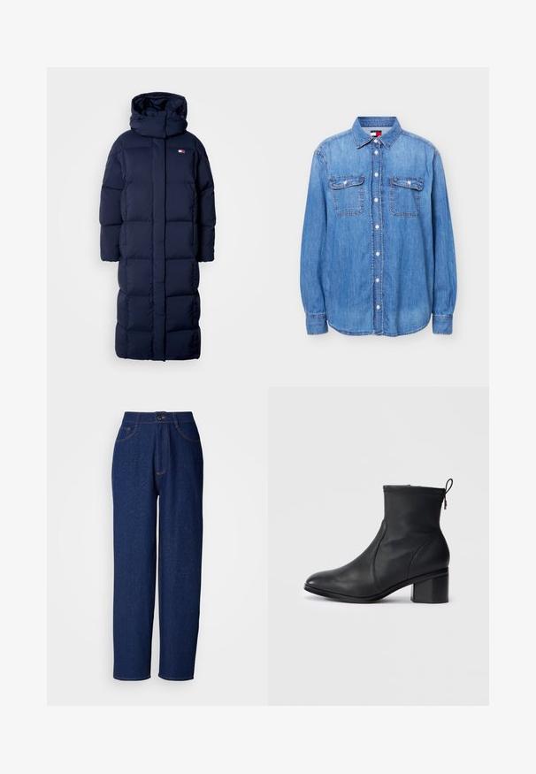 Dunkelblauer langer Puffermantel mit Kapuze, ausgestattet mit einer gesteppten Optik, einem hohen Kragen und seitlichen Reißverschlusstaschen. Weiche, gepolsterte Textur.; Hellblaues Denim-Hemd mit langen Ärmeln, Knopfleiste, zwei aufgesetzten Taschen vorne mit Klappen und Kragen, dargestellt vor weißem Hintergrund.; Dunkelblaue Denim-Hosen im weiten Schnitt mit hoher Taille, ausgestattet mit orangefarbenen Nähten, Vorderaschen und einem Knopfverschluss. Glatte Textur mit feinen Sprenkeln.; Schwarze Leder-Stiefelette mit einem eleganten Design, abgerundetem Zehenbereich, strukturiertem Stich an der Oberseite und einem Blockabsatz. Verfügt über einen Reißverschluss und eine Zuglasche.