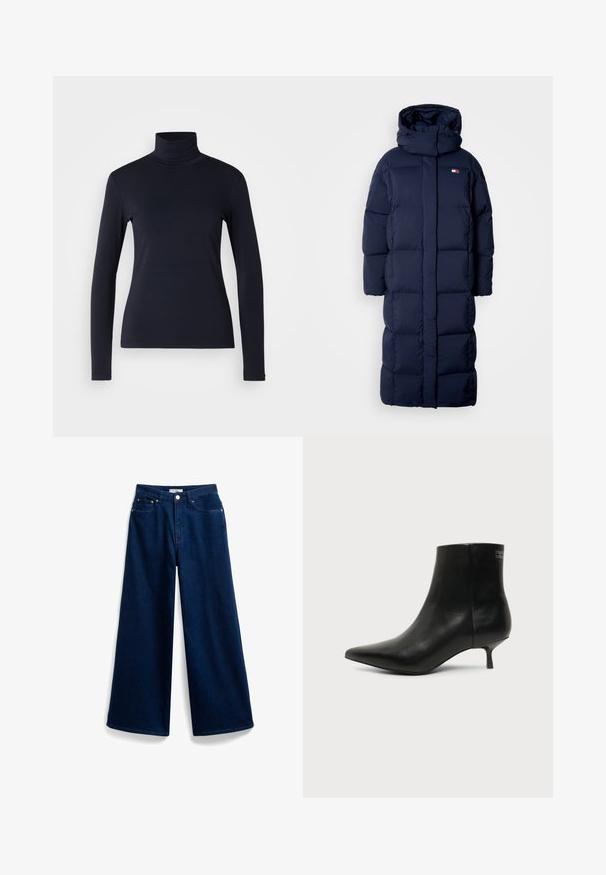 Manteau long bleu marine matelassé avec capuche, dotée d'un design matelassé, d'un col montant et de poches zippées sur les côtés. Texture douce et rembourrée.; Haut à col roulé bleu marine à manches longues. Fabriqué en tissu doux avec une texture lisse. Présente un design ajusté et un col haut sans coutures visibles.; Jeans en denim bleu foncé à jambes larges avec une taille haute, dotés d'un design standard à cinq poches et d'une fermeture à bouton à l'avant. Texture lisse.; Bottine en cuir noir avec bout pointu et petit talon kitten sur fond clair, vue côté extérieur.