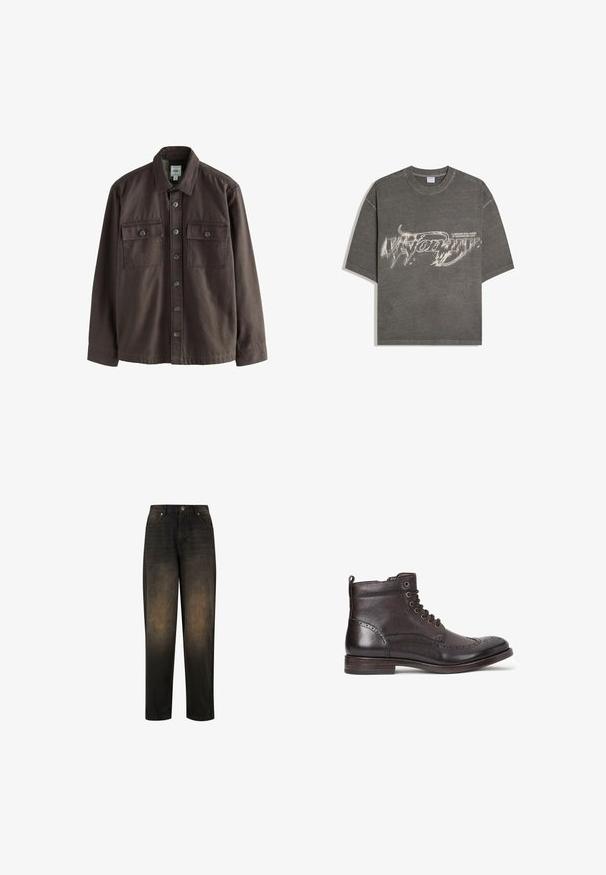 Brun skjorte med knapper og krave, to brystlommer og mørke knapper. Lavet af tekstureret stof med lange ærmer.; Mørkegrå oversized T-shirt med forvrænget hvid tekst "Visionary" og mindre tekst "A visionary soul guided by shadows and light" på fronten.; Mørk denim jeans med en let falmet finish, der har lige ben, fem lomme-design og metalknap lukning.; Mørkebrune læder ankelstøvler med wingtip-design, rund tå, diskrete brogue-detaljer, metaløjer og flad hæl. Har en træksløjfe.