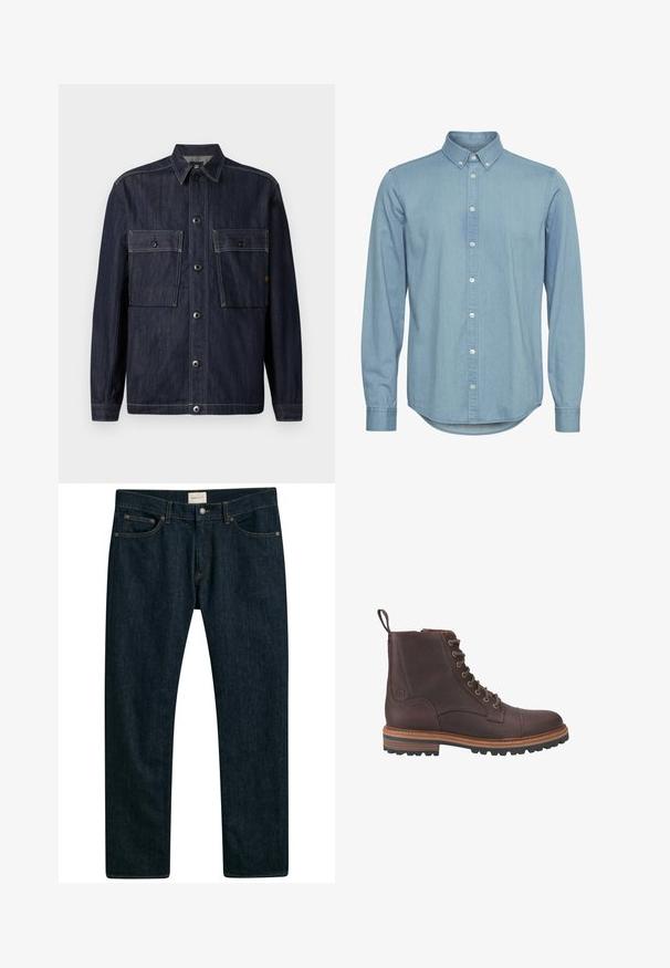 Mørkeblå denimjakke med lange ærmer, krave, knaplukning foran og to store klaplommer med knapper på brystet.; Lyseblå denimskjorte med knap-ned krave, lange ærmer og buet kant. Har forkant med hvide knapper.; Mørkeblå denim jeans med lige ben, fem lomme styling og kontrastsyet på sømmene. Glat stoftekstur.; Brune læder støvler med snørebånd ved anklen, med en tekstureret overflade, kontrasterende beige såler og metaløjer. Har en trækflig for nem påtagning.