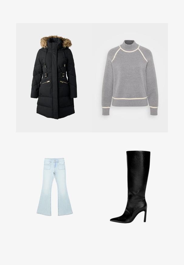 Parka rembourré noir avec capuche en fausse fourrure, poches zippées, cordons de serrage réglables et taille ceinturée, avec des accents en métal doré.; Pull en gris avec un col haut, texture côtelée et bord crème le long du col et de l'ourlet. Présente un design à manches raglan.; Jean en denim bleu clair à taille haute, fermeture à double bouton, poches avant et jambes évasées larges.; Botte en cuir noir montée jusqu'au genou, avec un bout pointu, un talon aiguille haut, une finition lisse et un design simple et épuré sans ornements.