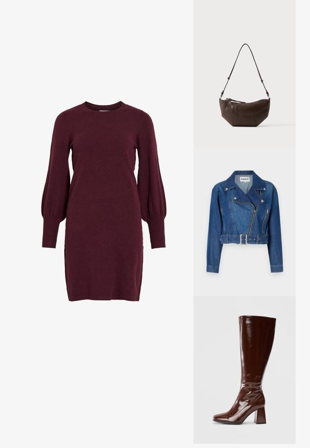 Veste en denim cropped de bleu moyen, dotée d'une taille ceinturée, d'une fermeture éclair asymétrique et d'un col cranté avec des accents en métal argenté.; Robe en tricot bordeaux avec de longues manches bouffantes, un col rond et des poignets côtelés. Présente une silhouette ajustée et des fentes sur les côtés à l'ourlet.; Bottes en cuir verni marron jusqu'aux genoux avec un bout carré, finition brillante et un talon épais pour la stabilité. Design sans couture sans matériel visible.; Sac à bandoulière en cuir marron avec un fond incurvé et une sangle réglable sur un fond clair uni.