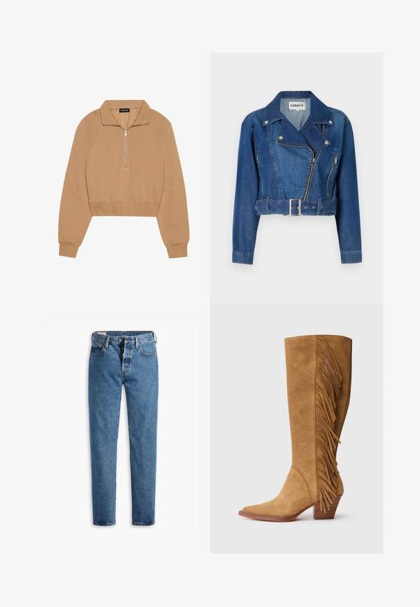 Gekürzte Jeansjacke in Mittelblau, mit einem Taillengürtel, asymmetrischem Reißverschluss und einem mit silbernen Hardware-Akzenten versehenen Reverskragen.; Even&Odd Sweatshirt - tan; Hellblaue Denim-Jeans mit geradem Schnitt, fünf Taschen und klassischem Knopfverschluss. Mit orangefarbenen Nähten und einer leicht verwaschenen Textur.; Tan-farbene Wildlederkniehohe Stiefel mit spitzem Zeh, ausgestattet mit vertikalen Fransen an der Seite und einem gestapelten Holzabsatz.