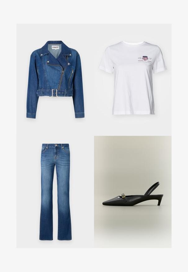 Gekürzte Jeansjacke in Mittelblau, mit einem Taillengürtel, asymmetrischem Reißverschluss und einem mit silbernen Hardware-Akzenten versehenen Reverskragen.; Weißes Baumwoll-T-Shirt mit kurzen Ärmeln, Rundhalsausschnitt und einem rot-blauen gestickten Logo auf der linken Seite. Glatte Textur, lässige Passform.; Blaue Denim-Jeans mit ausgestelltem Bein im klassischen Fünf-Taschen-Design, mit ausgewaschenem Look, goldfarbenen Nähten und einem Knopfverschluss an der Taille.; Schwarzer Slingback-Kitten-Heel aus Leder mit spitz zulaufender Zehenpartie und kleiner goldfarbener Schnalle auf einfarbigem Hintergrund.