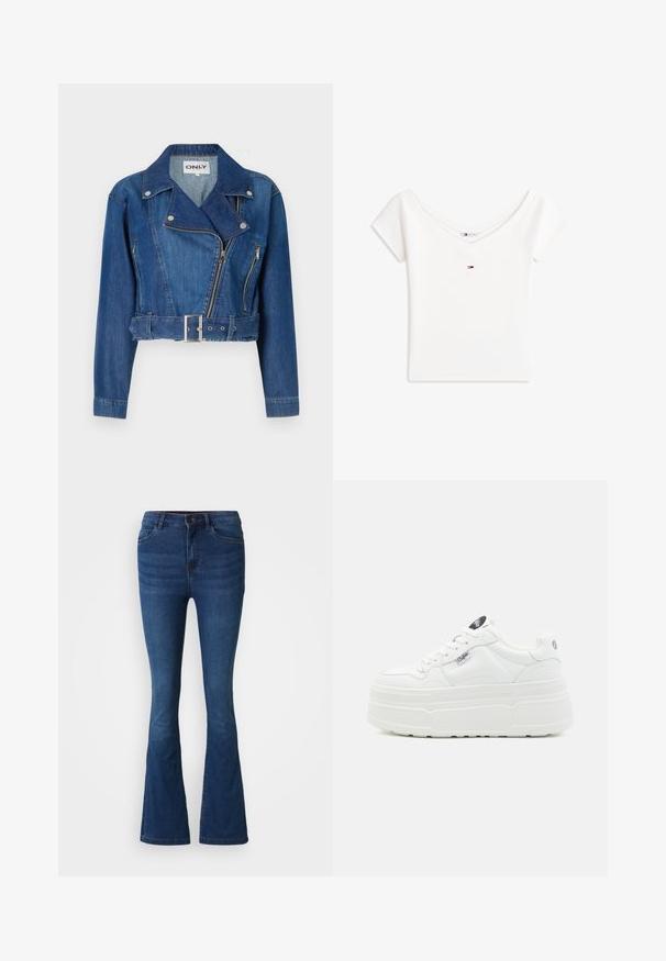 Afskåret denimjakke i mellemblå med bæltestrop, asymmetrisk lynlås og en krave med klapper samt sølvfarvede metaldele.; Hvid kortærmet crop top med off-the-shoulder udskæring og lille Tommy Hilfiger-logo centreret under udskæringen.; Mørkeblå denim flare jeans med for- og baglommer, knap- og lynlåslukning samt slidte detaljer på lår og knæ.; Hvide platform sneakers med en glat syntetisk overflade, rund tå, polstret krave og tekstureret sål. Har et kontrasterende logo-tag.