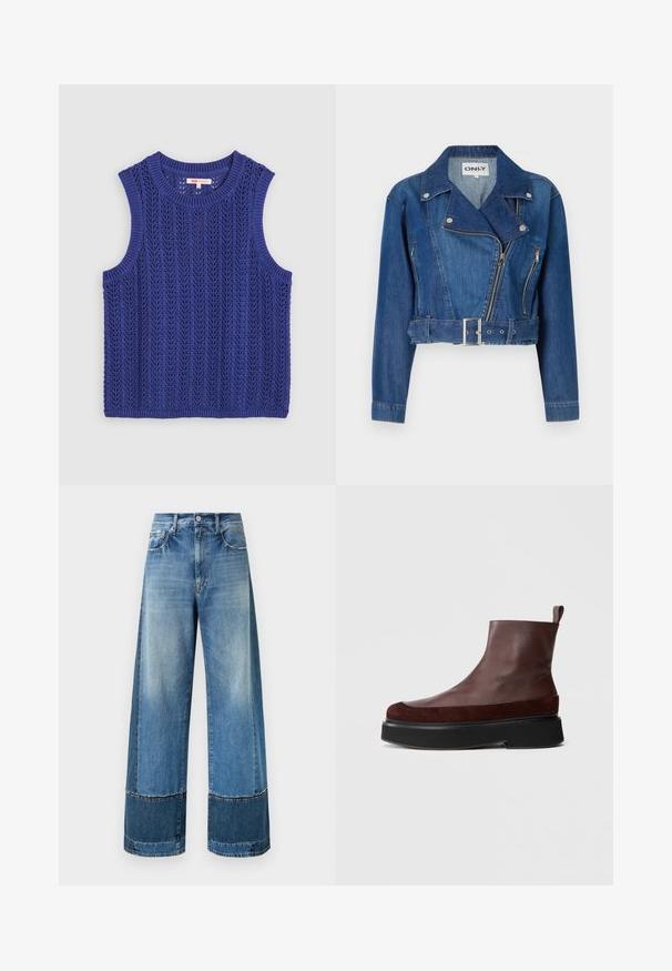 Gekürzte Jeansjacke in Mittelblau, mit einem Taillengürtel, asymmetrischem Reißverschluss und einem mit silbernen Hardware-Akzenten versehenen Reverskragen.; Gestricktes ärmelloses Top in lebhaftem Lila, mit einem strukturierten Muster, rundem Ausschnitt und gerippten Kanten.; Jeans mit weitem Bein aus hellblauem Denim, mit einem zweifarbigen Design in verschiedenen Blautönen, Steppnähten und einem klassischen Knopfverschluss.; Braune Leder-Stiefeletten mit einer robusten schwarzen Plattformsohle, die eine glatte Textur aufweisen und an der Rückseite eine kleine Schlaufe für einfaches Anziehen haben.