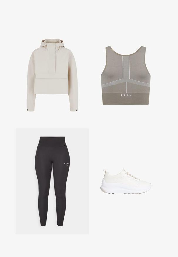 Lichtbeige cropped jack met capuchon, sluiting met drukknopen aan de voorkant en grote zak aan de voorkant. Glad textuur en minimalistisch ontwerp.; Lichtbruine sport-bh met een geribbelde structuur en witte horizontale patronen. Scoop halslijn en brede banden; logo in het midden onderaan.; Zwarte sportleggings van rekbaar materiaal, met een hoge tailleband en subtiele logo-opdruk aan de linkerpijp. Gladde textuur.; Witte Calvin Klein sneaker van gebreide stof met dikke zool, beige veters en trektabs op hiel en tong.