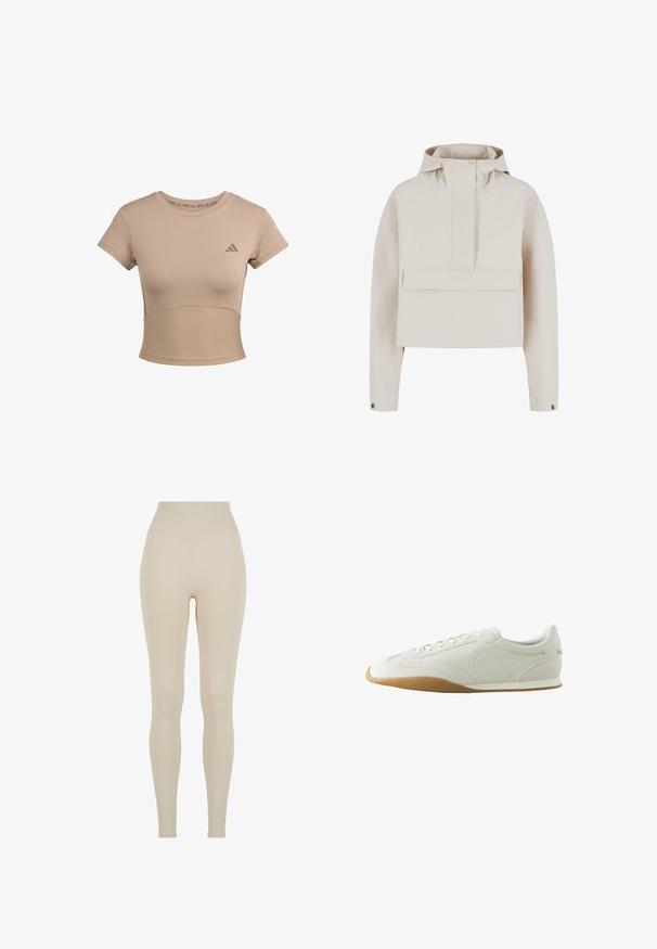 Lys beige cropped jakke med hætte, front snap lukning og stort forlommer. Glat tekstur og minimalistisk design.; Beige sports cropped t-shirt med korte ærmer, ribbet nederste del og subtilt logo på brystet. Glat tekstur, tætsiddende design.; Beige leggings lavet af strækbart stof med en høj talje; glat tekstur, tætsiddende silhuet, ingen synlige mønstre eller hardware detaljer.; Hvid lav sneaker med brun gummisål, syningsdetaljer, snørelukning foran og broderet logo på siden.