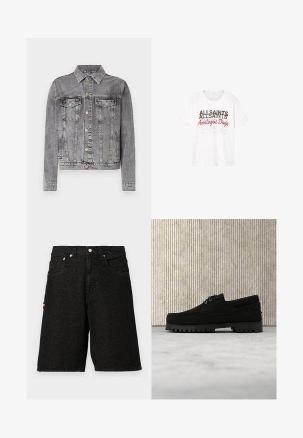 Grå denimjakke med krave, knaplukning, to brystlommer, sidelommer og synlige sy detaljer. Klassisk design.; Hvid T-shirt med korte ærmer med lagdelt tekst "ALLSAINTS" i sort og grå samt "Analogue Days" i rød kursiv på forsiden.; Sorte denimshorts med et klassisk fem-lomme design, sølvhardware og en diskret orange detalje på sidelommen.; Sort snørestøvle med tyk rilled sål, der svæver over beige tæppe, brun moderne rundt bord i blødt oplyst rum i baggrunden.