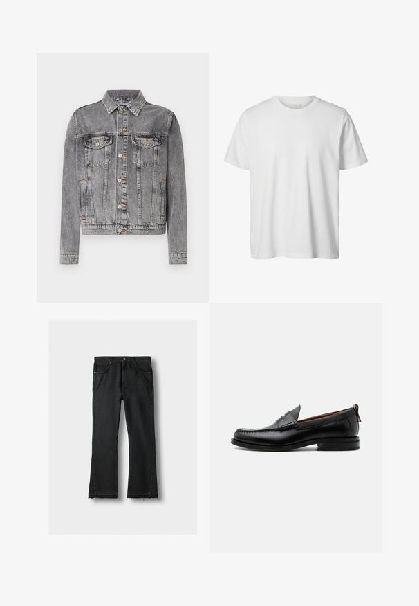 Grijze denimjas met een kraag, knoopsluiting, twee borstzakken, zijzakken en zichtbare stikdetails. Tijdloos ontwerp.; Eenvoudig wit T-shirt met korte mouwen en ronde hals, losse pasvorm en zonder zichtbare logo's of ontwerpen aan de voorkant.; Zwarte spijkerbroek met rechte broekspijpen, voorzakken en ruwe, rafelige zoom, plat gelegd op een lichte achtergrond.; Zwarte leren herensloffen met moc toe stiksel, pennyriem, gestructureerde kraag en lage gestapelde hak op witte achtergrond.