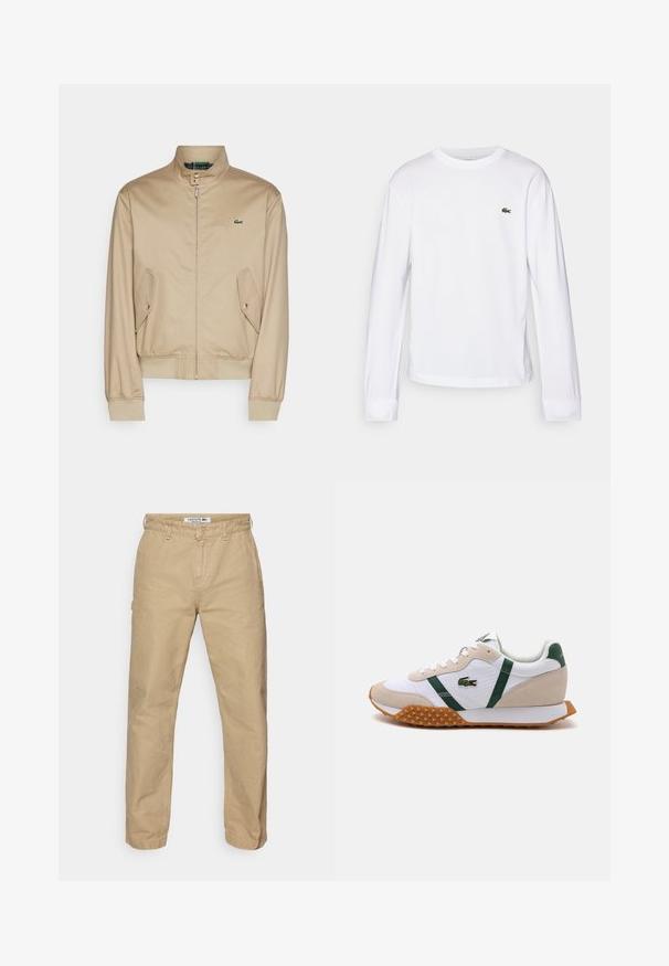 Veste bomber beige avec col montant, fermeture éclair, poches latérales obliques et poignets côtelés. Dispose d'un logo vert sur la poitrine.; T-shirt blanc à manches longues en coton. Doté d'un col rond côtelé et d'un petit logo vert brodé sur la poitrine. Design simple.; Pantalon en coton léger beige avec une coupe droite, doté d'une fermeture à bouton et d'une texture subtile. Logo Lacoste sur la taille.; Chaussure de sport blanche avec des accents en daim beige, des rayures vertes et une semelle en caoutchouc orange à pointes pour la traction. Logo Lacoste sur le côté.