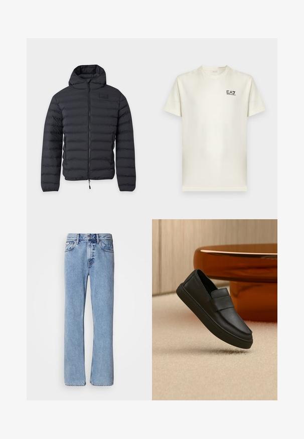 Doudoune noire avec capuche, fermeture éclair à l'avant, matelassage horizontal et poches latérales zippées, présentée sur un fond clair uni.; T-shirt blanc à manches courtes avec col rond, avec petit logo noir "EA7 Emporio Armani" sur la poitrine gauche.; Jean en denim bleu clair avec une coupe droite, cinq poches et une fermeture à bouton. Détails de couture près des poches et de la taille.; Mocassin en cuir noir à enfiler avec une bride sur le dessus, positionné sur un tapis beige et une table ronde marron.