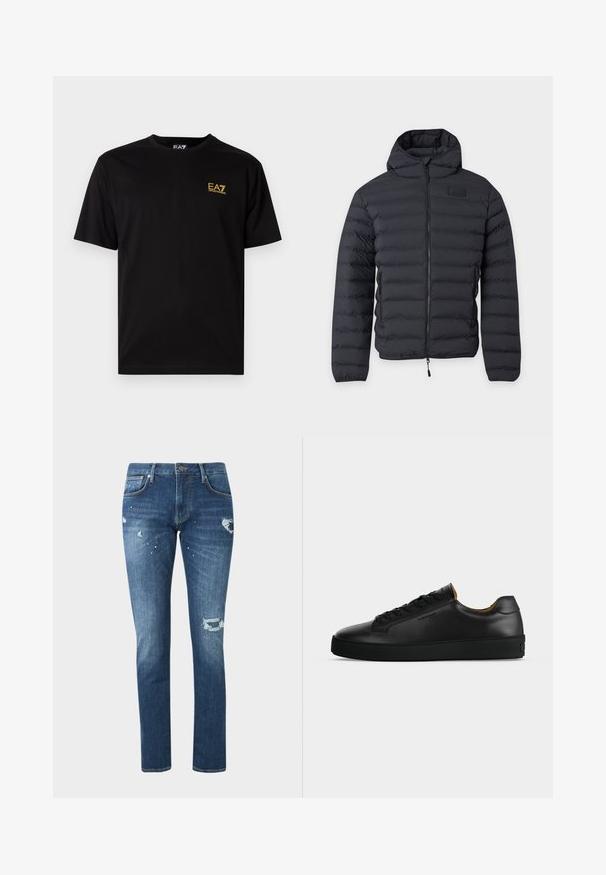 Zwarte donzen jas met capuchon, ritssluiting aan de voorkant, horizontale stiksels en ritssluitingen aan de zijkanten, weergegeven op een effen lichte achtergrond.; Zwarte katoenen t-shirt met korte mouwen, met een klein geel geborduurd logo op de linker borst. Klassiek crewneck ontwerp.; Blauwe slim-fit jeans met distressed details en verfspatten, met voorzakken en knoopsluiting op een effen achtergrond.; Zwarte lage leren sneaker met zwarte veters, gestructureerde rubberen zool en klein geperst logo aan de zijkant, zijaanzicht tegen een grijze achtergrond.