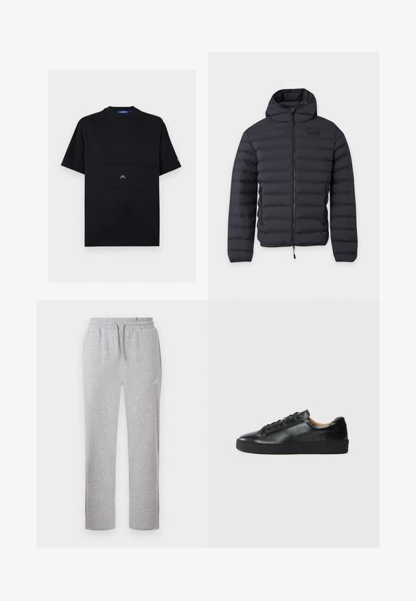 Doudoune noire avec capuche, fermeture éclair à l'avant, matelassage horizontal et poches latérales zippées, présentée sur un fond clair uni.; T-shirt noir à manches courtes avec col rond, petit logo blanc "A-CW" centré sur le devant et étiquette bleue sur le col et la manche gauche.; Pantalon de survêtement gris clair avec taille élastique et cordon, avec un petit logo blanc sur la partie supérieure de la cuisse, présenté de face.; Baskets en cuir noir avec une texture lisse, bout rond et fermeture à lacets. Comprend une semelle en caoutchouc épaisse et un minimum de détails de marque.