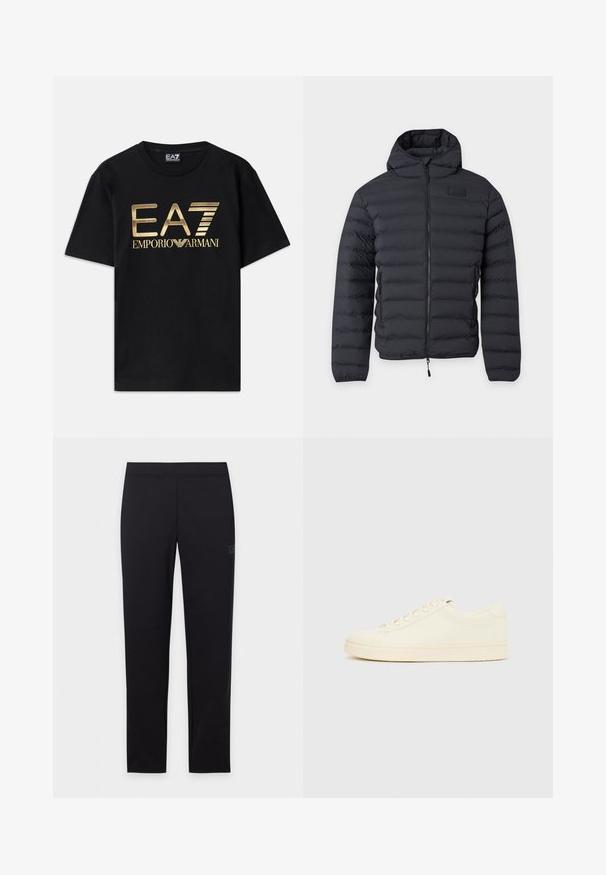 Chaqueta negra acolchada con capucha, cremallera frontal, costuras horizontales y bolsillos laterales con cremallera, mostrada sobre un fondo claro liso.; Camiseta de algodón negra de manga corta, con un logo dorado impreso de "EA7 EMPORIO ARMANI" en la parte frontal. Diseño simple, cuello redondo.; Leggings negros de corte ajustado con cinturilla elástica, mostrados planos sobre un fondo blanco.; Zapatilla de color crema con parte superior de cuero liso, puntera redondeada, cierre de cordones y suela de goma texturizada. Diseño minimalista, sin logotipos.