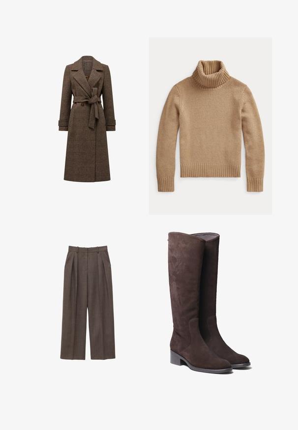 Bruine geruite trenchcoat met notch-lapels, lange mouwen, een tailleband en een dubbelzijdig knoopfront. Heeft grote knopen en een halflange pasvorm.; Beige gebreide coltrui met lange mouwen en geribde boorden en zoom, plat gelegd op een witte achtergrond.; Bruine wijde high-waist broek met riemlussen, plooien aan de voorkant en zijzakken, afgebeeld op een witte achtergrond.; Bruine suède kniehoge laarzen met een licht afgeronde neus en een lage blokhak. Kenmerkt zich door subtiele stikdetails langs de zijkanten.