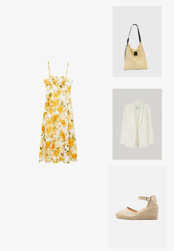 Witte linnen blazer met notch-revers, een enkele knoopsluiting en twee voorzakken. Soepele textuur met een getailleerde snit.; Mango FLORAL MIDI - WITH GATHERED NECKLINE - Jurk - yellow; Beige canvas wedge espadrille met een gestructureerd achterpaneel, enkelbandje en gevlochten jute zool. Rond de teen en vlakke hak.; Beige geweven tote bag met een zwarte verstelbare schouderband en een zwart vierkant versierstuk aan de voorkant in het midden.