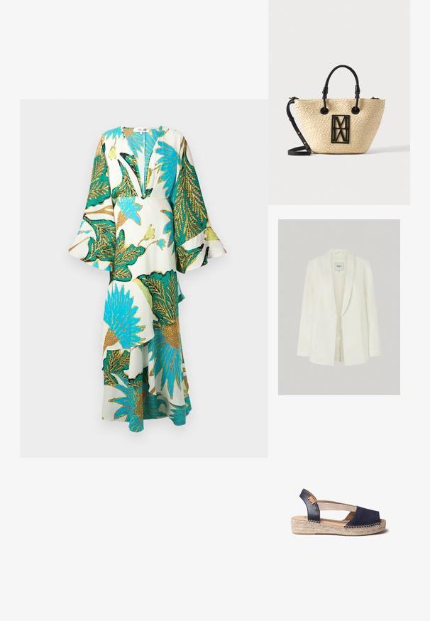 Blazer blanco de lino con solapas con muesca, cierre de un solo botón y dos bolsillos frontales. Textura suave con un corte ajustado.; Vestido largo y suelto con un profundo escote en V, mangas acampanadas y vibrantes patrones de hojas tropicales en tonos de teal, dorado y verde sobre un fondo claro.; Sandalia de cuero azul marino con diseño de tira trasera, punta abierta, cuña revestida de yute y detalle textil. Presenta detalles cosidos y ajuste seguro.; Bolso tote beige tejido con asas negras y correa de hombro extraíble, con un logo geométrico negro en el frente.