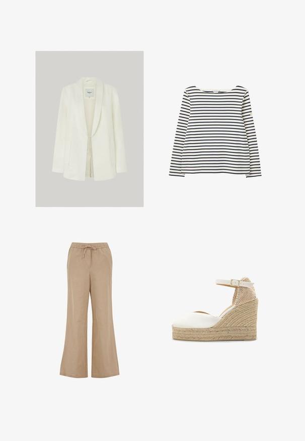 Witte linnen blazer met notch-revers, een enkele knoopsluiting en twee voorzakken. Soepele textuur met een getailleerde snit.; Wit shirt met lange mouwen en marineblauwe horizontale strepen, ronde hals en een klein merkembleem op de linkermouw.; Beige linnen broek met een wijd ontwerp, voorzien van een elastische tailleband en trekkoord. Glad textuur, geschikt voor casual draag.; Witte canvas sleehak sandaal met gevlochten jute plateau, enkelriem met gouden gesp en een textuur beige hielkap.