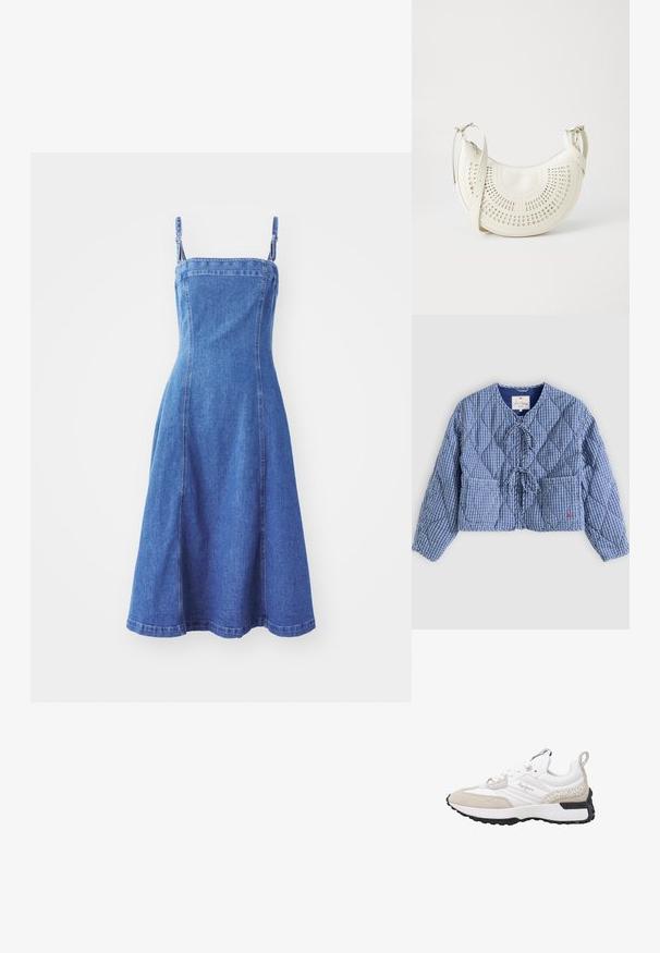 Blauw-wit geruite, gewatteerde jas met lange mouwen, sluitingen met knopen aan de voorkant, twee voorzakken en een ronde halslijn.; Denim jurk met een aansluitende lijfje, verstelbare banden, uitlopende rok, middenblauwe kleur en zichtbare naaddetails. Gladde textuur.; Witte en beige sneaker met suède en mesh materialen, textuuraccenten, een afgeronde neus en een rubberen zool. Voorzien van een logo aan de zijkant.; Witte vegan leren schoudertas met een geperforeerd cirkelontwerp, verstelbare schouderriem en gegraveerd logo op de voorkant. Ritssluiting aan de bovenkant.