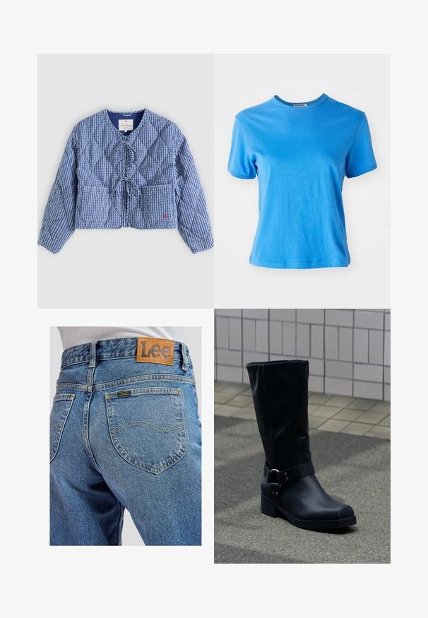 Blau-weiß kariertes, gesteppte Jacke mit langen Ärmeln, vorderen Binderverschlüssen, zwei Fronttaschen und rundem Halsausschnitt.; Blaues kurzärmliges T-Shirt aus Baumwolle. Runder Halsausschnitt mit glatter Textur und einem etwas lockeren Schnitt. Keine Muster oder zusätzlichen Akzente.; Blaue Jeans aus Denim mit Gesäßtaschen, die gelbe Nähte und ein braunes Lederpatch der Marke Lee am Bund aufweisen.; Schwarzer Lederstiefel bis zur Mitte der Wade mit niedrigem Blockabsatz und dekorativem Riemen mit Metallschnalle um den Knöchel, auf einem gefliesten Gehweg.