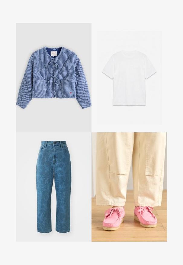 Blau-weiß kariertes, gesteppte Jacke mit langen Ärmeln, vorderen Binderverschlüssen, zwei Fronttaschen und rundem Halsausschnitt.; Schlichtes weißes T-Shirt mit kurzen Ärmeln und Rundhalsausschnitt, flach auf weißem Hintergrund liegend.; Hellblaue Jeans aus Denim mit subtiler gemusterter Textur, hoher Taille und geradem Bein. Mit einem vorderen Knopf- und Reißverschluss.; Rosa Wildleder-Mokassins mit Schnürsenkeln, die eine strukturierte Oberfläche und eine hellbeige Gummisohle aufweisen, kombiniert mit beigen Hosen.
