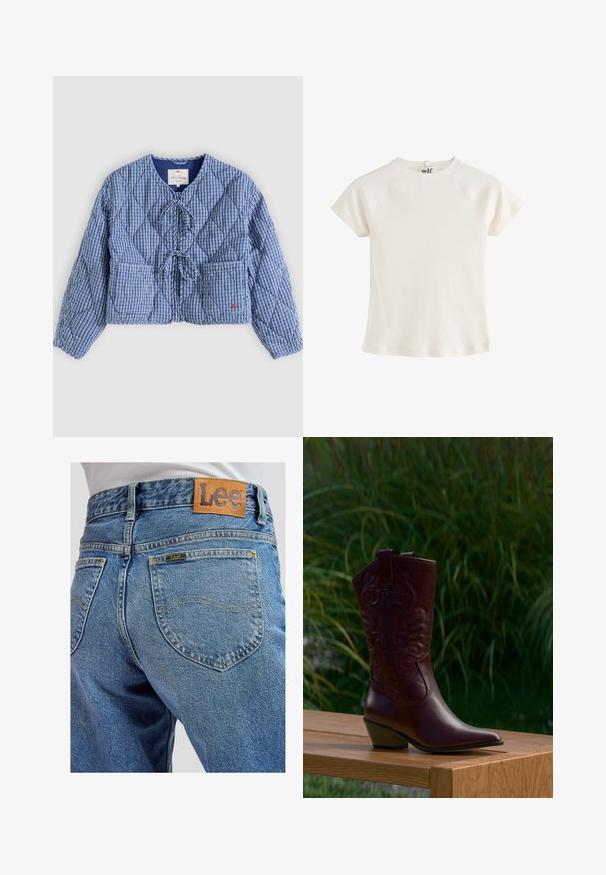 Blau-weiß kariertes, gesteppte Jacke mit langen Ärmeln, vorderen Binderverschlüssen, zwei Fronttaschen und rundem Halsausschnitt.; Kurzärmliges cremefarbenes geripptes Strickoberteil mit Rundhalsausschnitt und einem kleinen Stoffetikett mit der Aufschrift „self“ am hinteren Kragen.; Blaue Jeans aus Denim mit Gesäßtaschen, die gelbe Nähte und ein braunes Lederpatch der Marke Lee am Bund aufweisen.; Dunkelbrauner Leder-Cowboystiefel mit gestickten Mustern, niedrigem schrägem Absatz und Zuglaschen, platziert auf einer Holzbank mit grünem Pflanzenhintergrund.