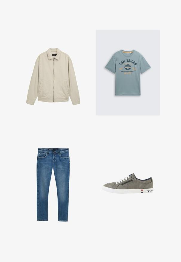 Beige leichte Jacke mit Reißverschluss vorne, strukturiertem Kragen, seitlichen Taschen und lockerer Passform. Baumwollmischgewebe mit minimalen Nähdetails.; Helle blaue Baumwoll-T-Shirt mit kurzen Ärmeln. Verfügt über einen dunkelblauen und orangefarbenen grafischen Text: "TOM TAILOR" und "PREMIUM QUALITY". Einfacher runder Halsausschnitt.; Blaue Denim-Jeans mit geradem Bein, Fünf-Taschen-Design, dezenten Abnutzungsspuren an den Oberschenkeln und einem Taillenlabel, das die Größe 31/32 angibt.; Grauer Sneaker mit niedrigem Schaft, weißen Schnürsenkeln, seitlichem Reißverschluss und weißer Sohle mit roten, weißen und blauen Streifen sowie Tom Tailor-Logo.
