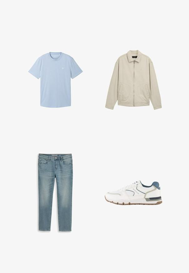 Beige leichte Jacke mit Reißverschluss vorne, strukturiertem Kragen, seitlichen Taschen und lockerer Passform. Baumwollmischgewebe mit minimalen Nähdetails.; Hellblaues T-Shirt mit kurzen Ärmeln aus weichem Stoff, mit einem runden Ausschnitt und einem kleinen Logo auf der linken Brustseite. Einfache Textur.; Hellblaue Jeans mit geradem Bein aus Denim, mit Fünf-Taschen-Design, sichtbaren Nähten und einem Verschluss mit Metallknopf.; Weißer und grauer Sportschuh mit blauen Akzenten, Netzgewebe und brauner Sohle, seitlich mit "Tom Tailor"-Marke versehen.