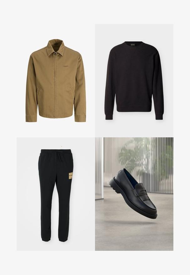 Pánska svetlohnedá bunda na zips s golierom, dlhými rukávmi, bočnými vreckami a malým logom "Jack & Jones Premium" na hrudi.; Čierna mikina s dlhým rukávom a okrúhlym výstrihom, s rebrovanými manžetami a lemom, vyrobená z jemne textúrovaného materiálu, s malým prešitým V detailom pod golierom.; Čierne tapered teplákové nohavice s elastickým pásom, sťahovacou šnúrkou, zúženými členkami a béžovým logo nášivkou Columbia na pravej stehne.; Čierne kožené mokasíny s hladkým povrchom, ozdobeným remienkom a textúrovaným panelom vpredu, a textúrovanou gumovou podrážkou.