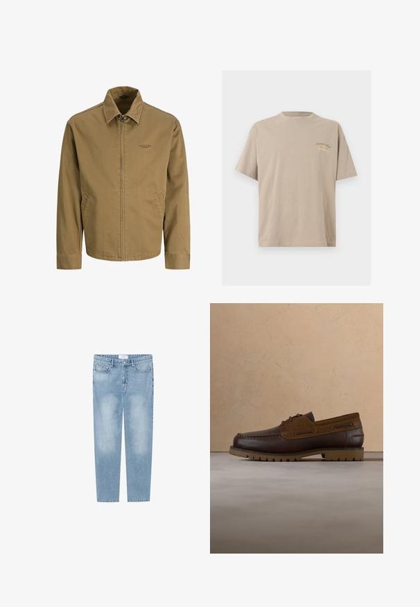 Miesten vaaleanruskea vetoketjullinen takki, jossa on kaulus, pitkät hihat, sivutaskut ja pieni "Jack & Jones Premium" -logo rinnassa.; Beige lyhythihainen puuvillainen T-paita pyöreällä kaula-aukolla, jossa pienessä rinnassa vihreällä ja beigen sävyllä teksti "Originals Since 1990".; Vaaleansiniset suorat farkut, jotka on valmistettu denimistä. Ominaisuuksiin kuuluu viiden taskun malli, haalistuneet alueet ja vyötäröllä oleva etiketti. Ei koristeita.; Ruskea nahka- ja mokkanahkainen nauhallinen vapaa-ajan kenkä, jossa on karmit pohja, ilmassa beigellä matoitetulla lattialla ja sohvan taustalla.