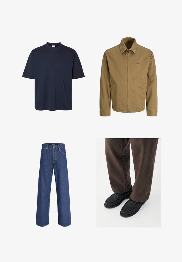 Meeste helepruun lukuga jakk kraega, pikkade varrukatega, küljetaskutega ja väikse "Jack & Jones Premium" logoga rinnal.; Lihtne tume mereväe lühikeste varrukatega t-särk ümarate kaelusega ja tavapärase istuvusega, kujutatud valgel taustal.; Sinised laia säärega teksapüksid, millel on nööbi- ja tõmblukukinnitus, vööaasad ja esitaskud, esitatud valgel taustal.; Mustad nahast kingad, millel on sile viimistlus, ümardatud nina ja paelaga kinnitus, kombineeritud tekstureeritud pruuni püksiga. Aluskõrgusest vaade.