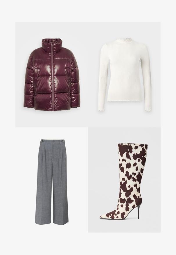 Puffjacke in tiefem Burgunderrot, glänzende Oberfläche, hoher Kragen, vorderer Reißverschluss, zwei Seitentaschen, gestepptes Design mit gepolsterten Abschnitten.; Weißes, geripptes Langarmoberteil mit wellenförmigem Saum am hochgeschlossenen Kragen und Saum, figurbetonter Stil, dargestellt auf schlichtem hellgrauem Hintergrund.; Graue Weitbein-Hosen aus strukturiertem Stoff, mit doppeltem Knopfverschluss und vorderen Falten für zusätzliche Designdetails.; Knöchelhohe Stiefel mit spitzem Zehenbereich aus cremefarbenem und braunem Kuhmusterstoff, ausgestattet mit einem schlanken Stiletto-Blockabsatz und glatter Textur.