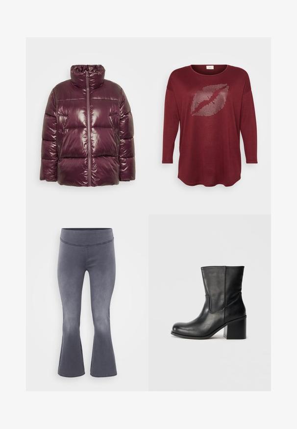 Puffjacke in tiefem Burgunderrot, glänzende Oberfläche, hoher Kragen, vorderer Reißverschluss, zwei Seitentaschen, gestepptes Design mit gepolsterten Abschnitten.; Bordeauxfarbener Langarm-Top aus einem weichen Material mit einem silbernen, genieteten Lippenprint in der Mitte. Rundhalsausschnitt und leicht geschwungener Saum.; Grau ausgestellte Hosen mit einem breiten Bund. Glattes Material mit leichtem Glanz, das von oben dunkel zu unten heller verläuft.; Schwarzer Leder-Stiefelette mit rundlicher Spitze, Seitennähten und einem massiven Blockabsatz. Glatte Textur und minimalistisches Design.