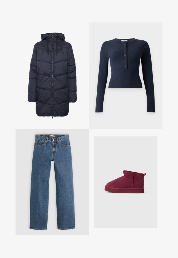 Marineblå puffjakke med hætte, lynlås foran og snøre. Har quiltet tekstur og sidelommer. Fremstillet af glat, isolerende materiale.; Navyblå ribstrikket bluse med lange ærmer, rund halsudskæring og seks sorte knapper ned foran i midten.; Blå denim jeans med lige pasform, der har fem lommer, knaplukning og kontrastsyninger langs sømmene.; Bordeaux ruskindankelstøvler med rund tå, kort krave og bageste trækflik, med syninger og flad sål.