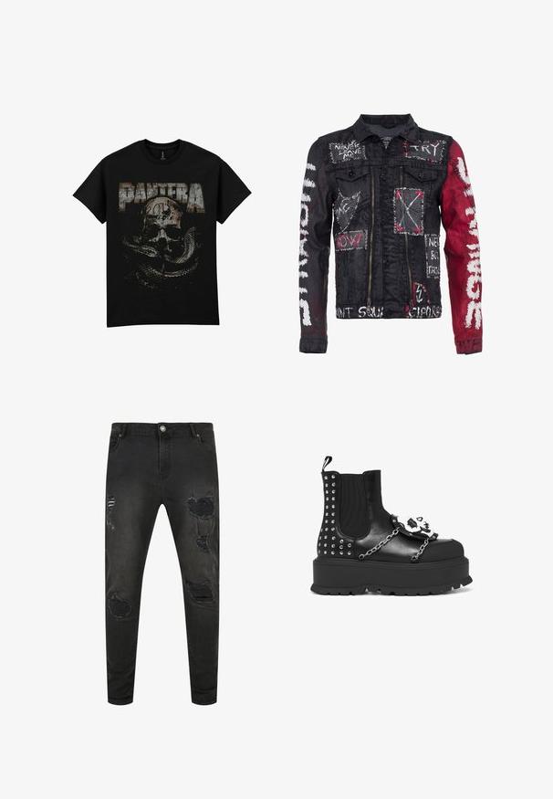 Schwarze Denimjacke mit roten Akzenten, ausgestattet mit Grafiken und Text in gemischten Medien, silbernen Nieten, zwei vorderen Taschen und einem Reißverschluss.; Schwarzes Baumwoll-T-Shirt mit einem vintage Grafikdesign von einem Schädel und einer Schlange, versehen mit dem Wort "PANTERA" in großen, abgenutzten Buchstaben.; Schwarze Denim-Jeans im Slim Fit, mit distressten Details, Rissen und verblassten Bereichen. Klassisches Fünf-Taschen-Design mit Metallknopfverschluss.; Schwarze Plattformstiefel mit silbernen Nieten, Kettendetails und einer weißen Totenkopfdekoration auf der Vorderseite.