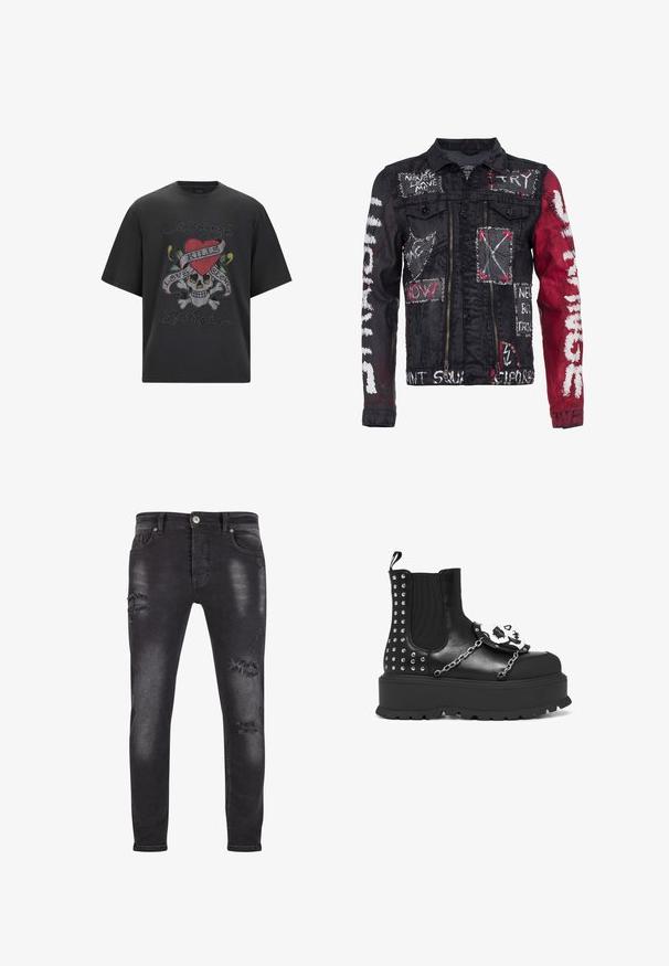 Zwarte denim jacket met rode accenten, voorzien van mixed media graphics en tekst, zilveren studs, twee voorkruiszakken en een ritssluiting.; Zwart graphic t-shirt met een schedel, een rode hart en de tekst "Love Kills", versierd met kleurrijke rhinestones en een losse pasvorm.; Zwarte denim jeans met een slim fit, voorzien van verontrustende details en gescheurde patches, lichte vervaging en een standaard knoop- en ritssluiting.; Zwarte platformlaars met zilveren studs, kettingdetails en een witte schedeldecoratie op het voorpaneel.