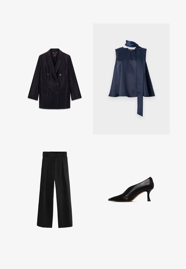 Blazer negro de doble botonadura con seis botones, solapas anchas, bolsillos con solapa y un detalle de cadena dorada en el interior del cuello.; Top sin mangas de satén marino con detalle de ojal, diseño fluido y una larga corbata en el cuello, con textura suave y caída.; Pantalones negros de pierna ancha con frente plisado, cinturilla elástica y tela suave. Presentan un corte relajado que cae hasta los tobillos.; Zapato de tacón alto de cuero negro con punta afilada y un tacón delgado y curvado. Presenta una textura suave y un diseño minimalista.